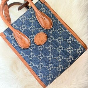 Gucci Blue Denim Crossbody with Brown Leather Trim